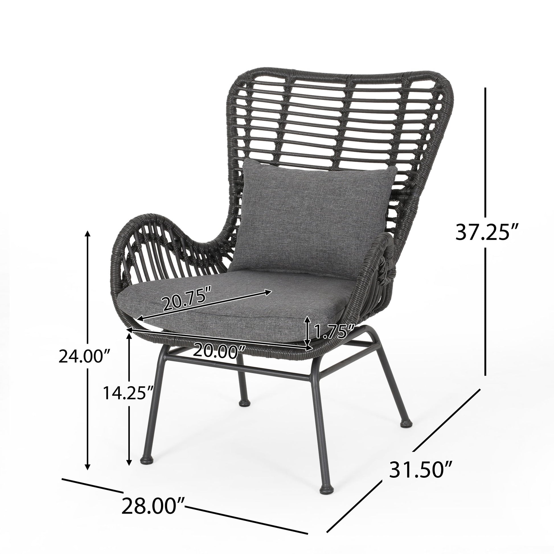 The Modern Aesthetic Outdoor Rattan Accent Chair With Metal Legs in black with gray cushions is shown with labeled dimensions: 37.25"H, 28"W, 31.5"D, arm height 24", seat height 14.25", seat depth 20", seat width 20.75", cushion thickness 1.75".