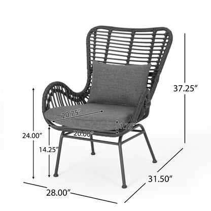 The Modern Aesthetic Outdoor Rattan Accent Chair With Metal Legs in black with gray cushions is shown with labeled dimensions: 37.25"H, 28"W, 31.5"D, arm height 24", seat height 14.25", seat depth 20", seat width 20.75", cushion thickness 1.75".