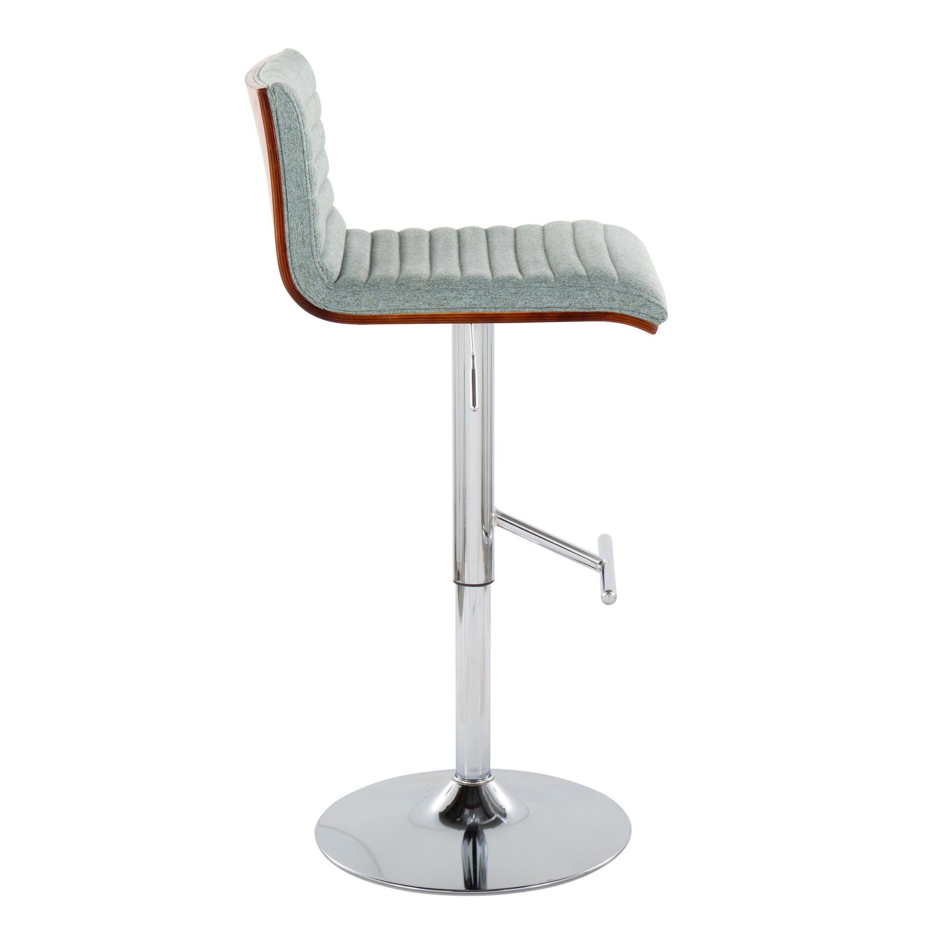 The Mason Contemporary Adjustable Barstool (Set of 2) features a padded light gray upholstered seat and backrest with vertical stitching, chrome swivel base, circular bottom, and straight T footrest. Shown side view.