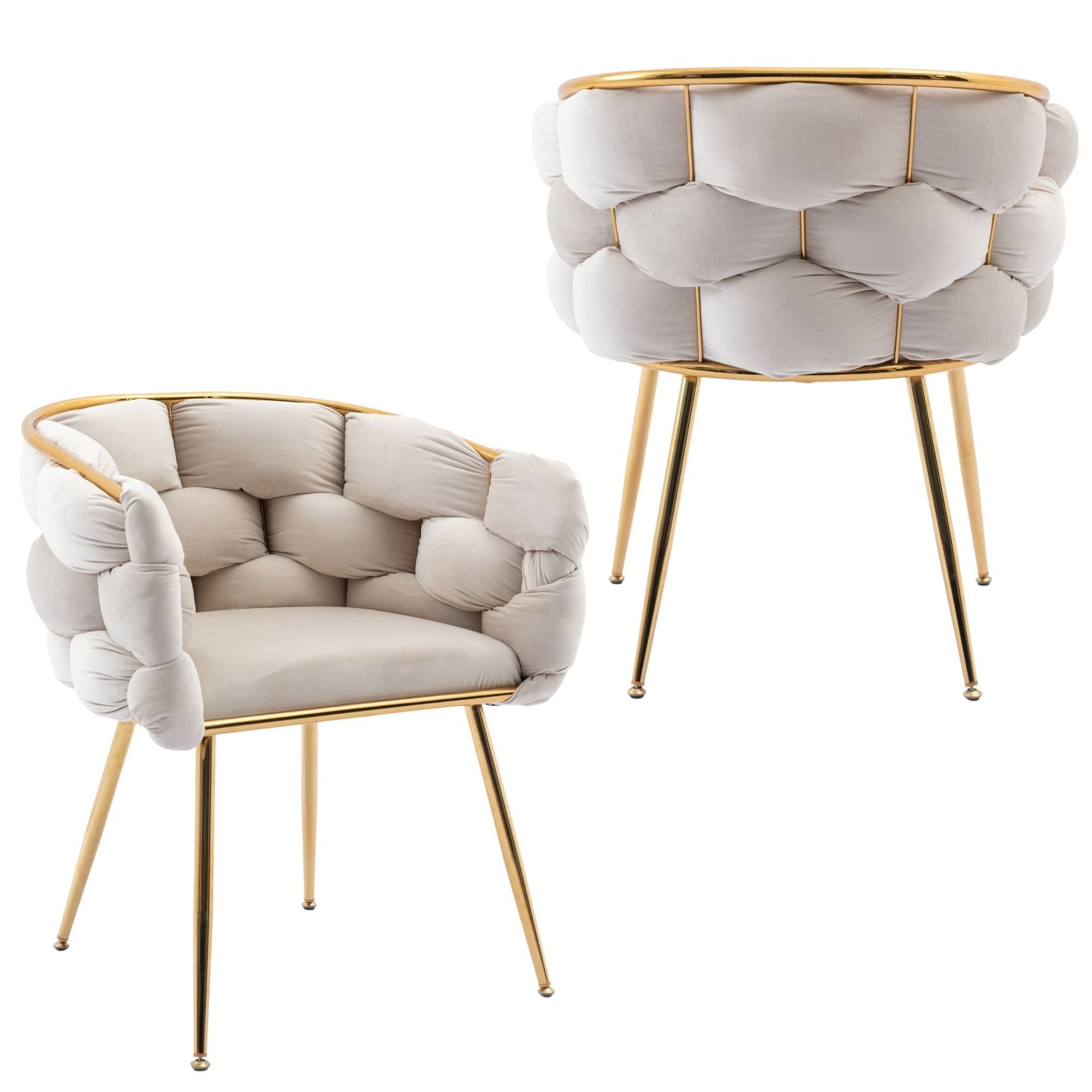 Two Luxury Modern Simple Leisure Velvet Single Sofa Chairs with gold frames and legs, featuring large tufted beige cushions. One is shown from the front and the other from the back. Perfect for bedrooms, dressers, or manicure tables.