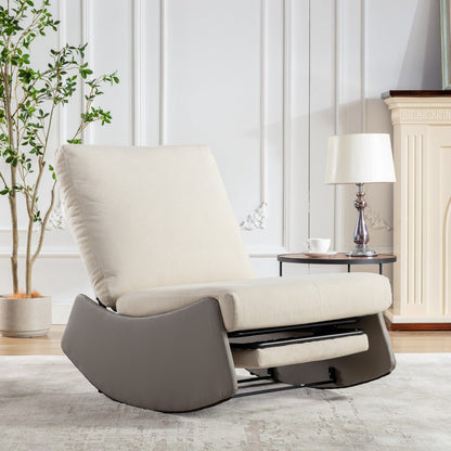 A Modern Rocking Chair Recliner with footrest and soft padding sits in a bright living room beside a round table with lamp and cup, a fireplace, potted plant, and decorative wall molding. Ideal as an accent lounge or nursery chair for relaxing.