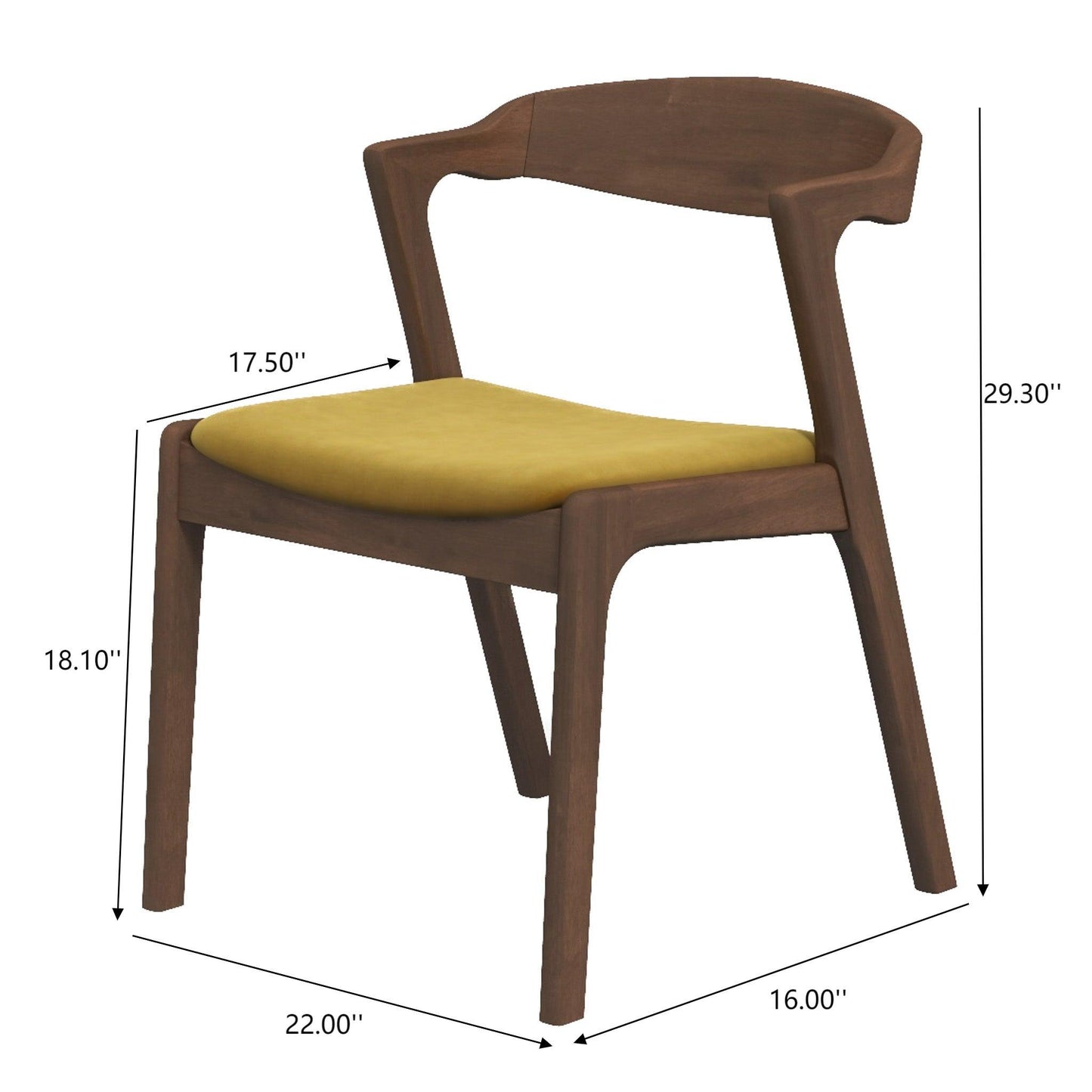 The Dakota - Mid-Century Modern Velvet Dining Chair (Set of 2) features a curved backrest and mustard yellow velvet seat. Dimensions: 29.3" H, 22" D, 16" W, 17.5" seat depth, and 18.1" seat height are labeled with arrows.