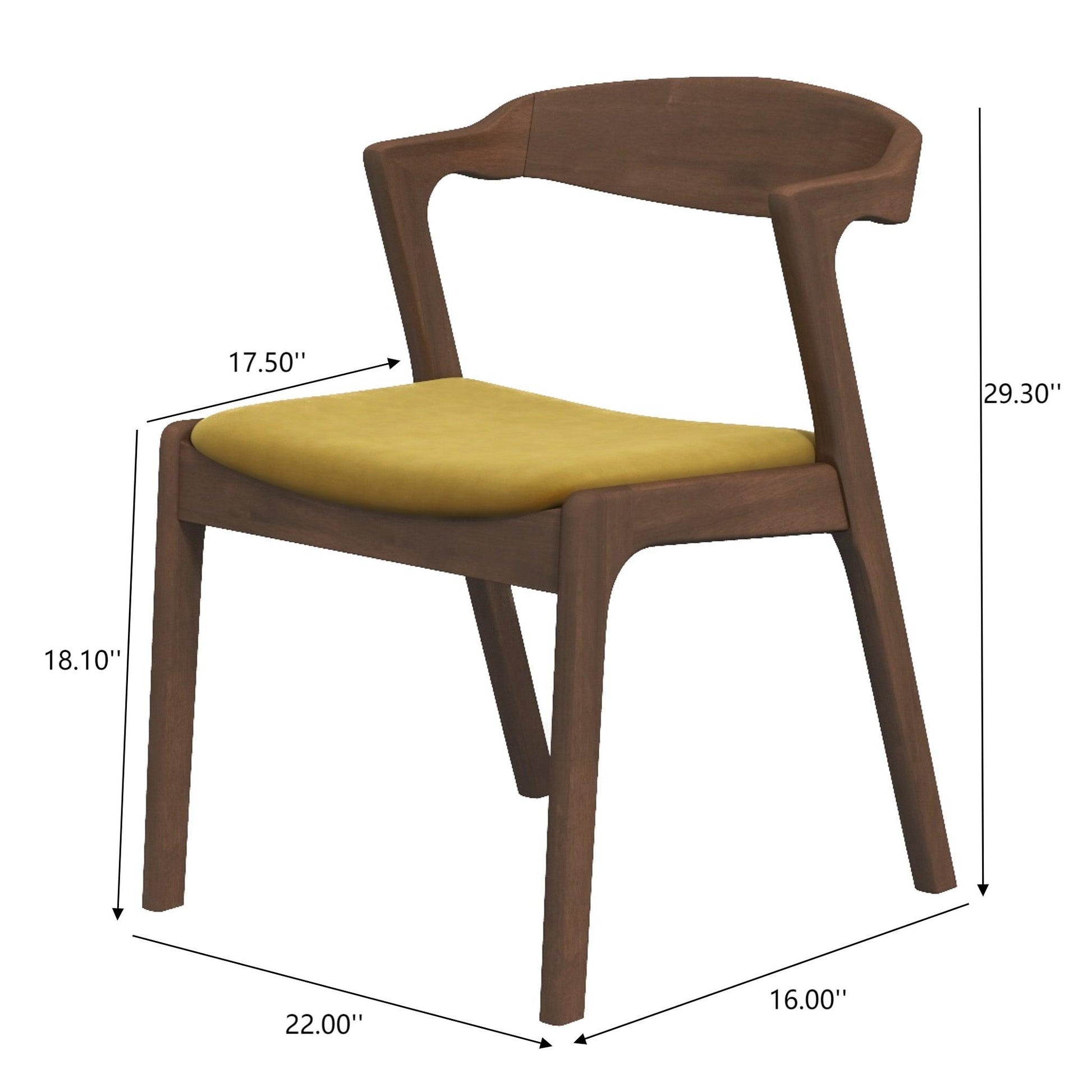 The Dakota - Mid-Century Modern Velvet Dining Chair (Set of 2) features a curved backrest and mustard yellow velvet seat. Dimensions: 29.3" H, 22" D, 16" W, 17.5" seat depth, and 18.1" seat height are labeled with arrows.
