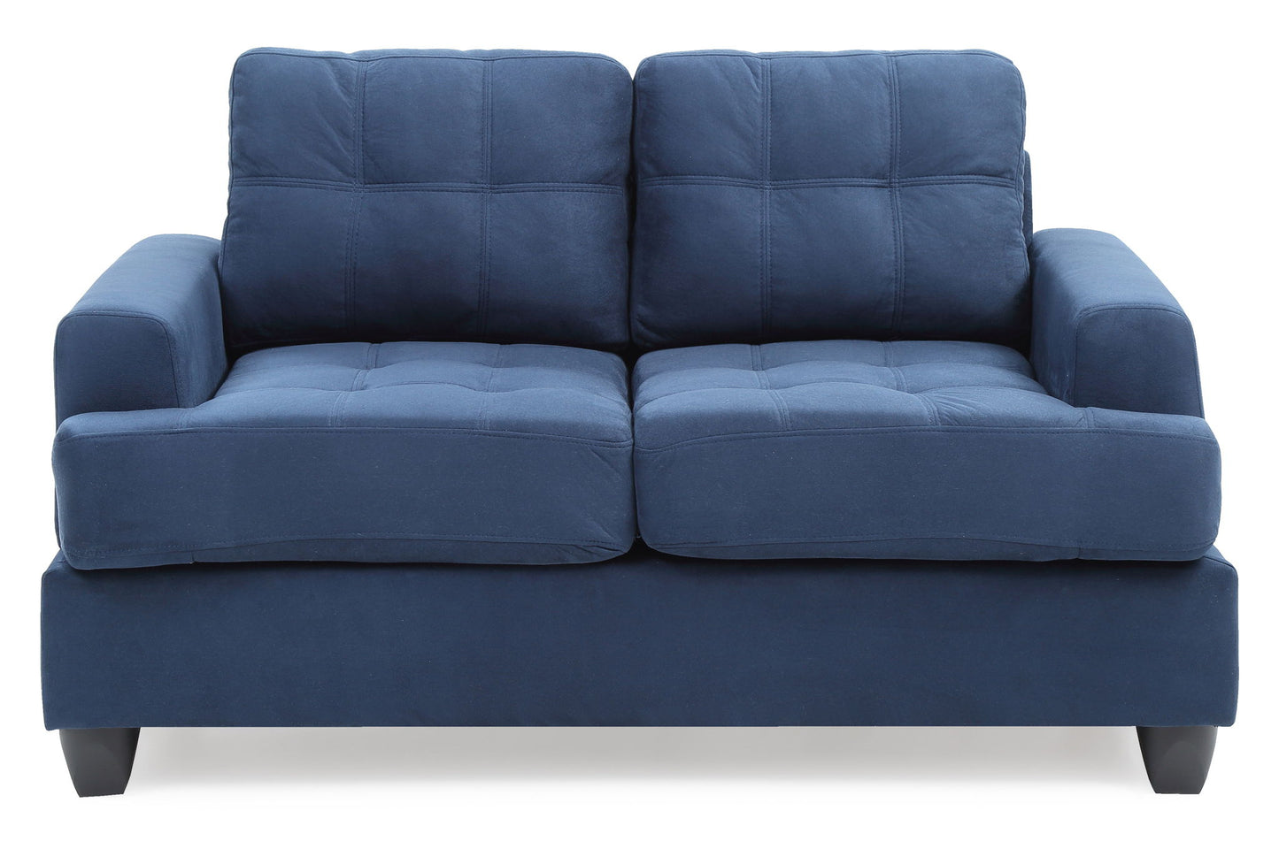 The Stylish Transitional Loveseat For Two features a blue two-seater design with square cushions, wide armrests, and short black legs, shown from the front against a white background.