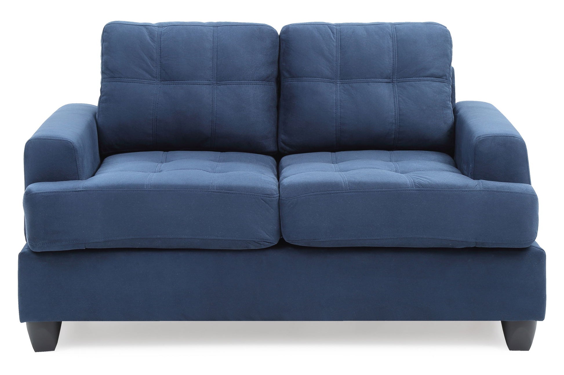 The Stylish Transitional Loveseat For Two features a blue two-seater design with square cushions, wide armrests, and short black legs, shown from the front against a white background.