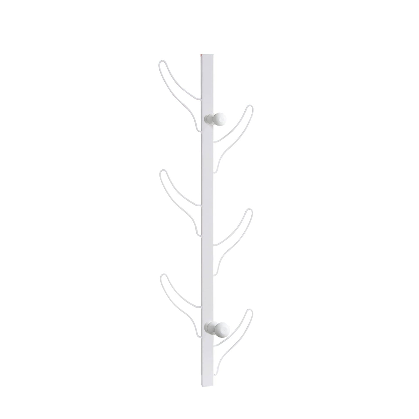 The Vertical Eight Hook Coat Rack Wall Mount features a white finish, vertical bar, and four pairs of symmetrically arranged curved hooks on each side.