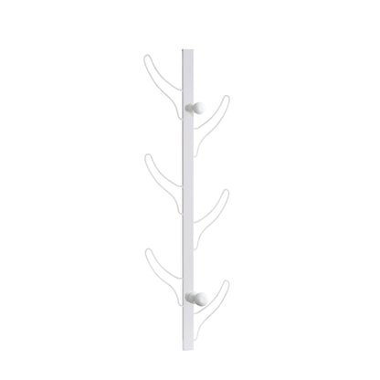 The Vertical Eight Hook Coat Rack Wall Mount features a white finish, vertical bar, and four pairs of symmetrically arranged curved hooks on each side.