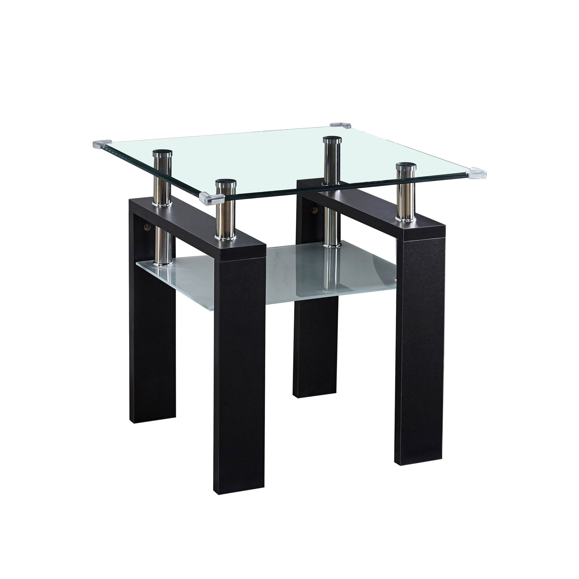 The Clear Glass Top Side Table features a modern design with a clear glass top, four black wooden legs with metal accents, and a lower frosted glass shelf—perfect for contemporary homes.