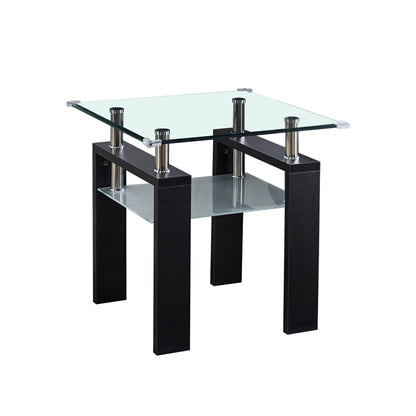 The Clear Glass Top Side Table features a modern design with a clear glass top, four black wooden legs with metal accents, and a lower frosted glass shelf—perfect for contemporary homes.