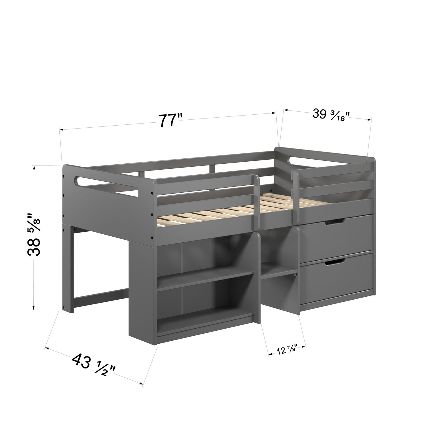 The Fabiana Twin Loft Bed With Storage in gray features built-in shelves and drawers (12.25" deep), guardrails, and an open space underneath. Dimensions: 77"L x 43.5"W x 38.5"H.