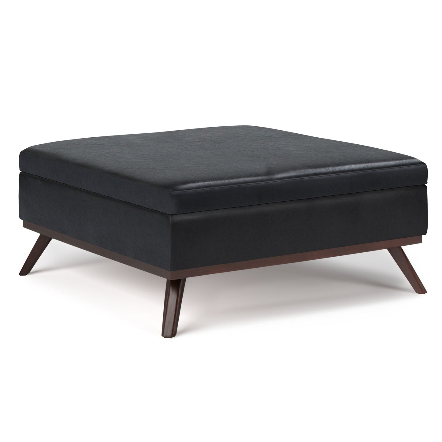 The Owen - Multifunctional Square Coffee Table Storage Ottoman features a modern black cushioned top and wooden angled legs, displayed against a white background.