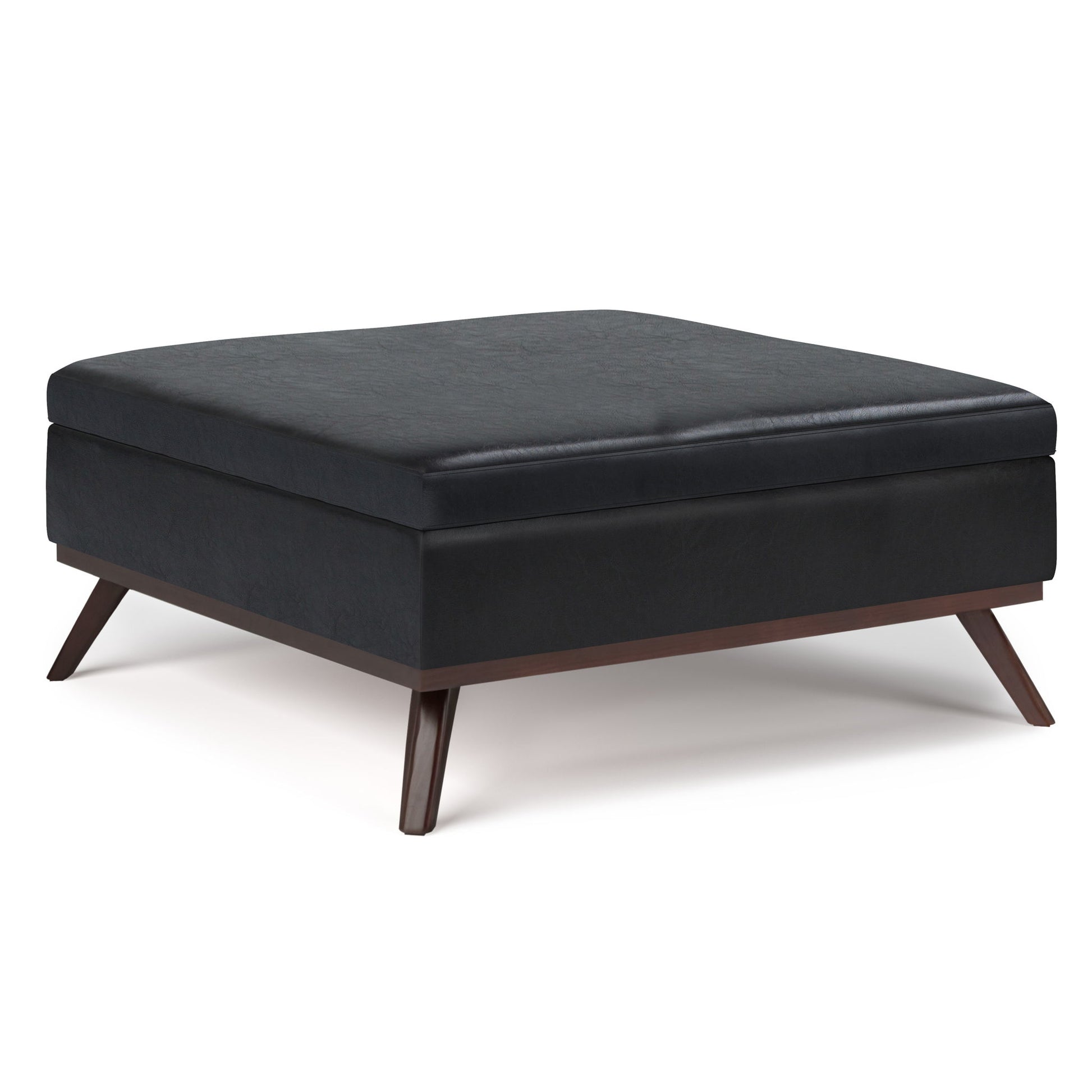 The Owen - Multifunctional Square Coffee Table Storage Ottoman features a modern black cushioned top and wooden angled legs, displayed against a white background.