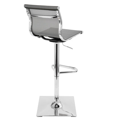 The Mirage Contemporary Adjustable Barstool features a chrome base, footrest, and black mesh back and seat. Shown from the back, it highlights a sleek, minimalist design with an adjustable height mechanism and swivel function.