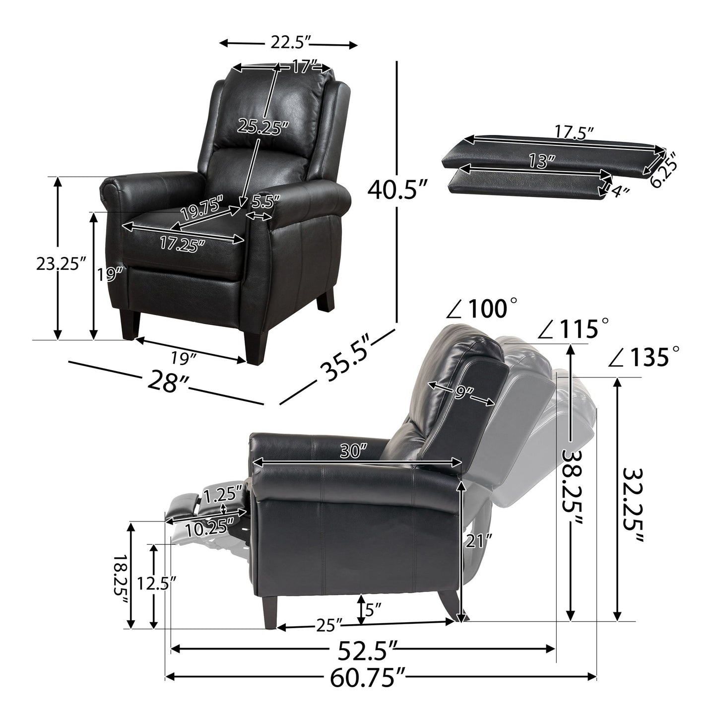 Contemporary Push Back Recliner Chair in black, featuring detailed inch measurements for seat, back, armrests, height, and recline angles with labeled dimensions and illustrations of both upright and reclined positions.