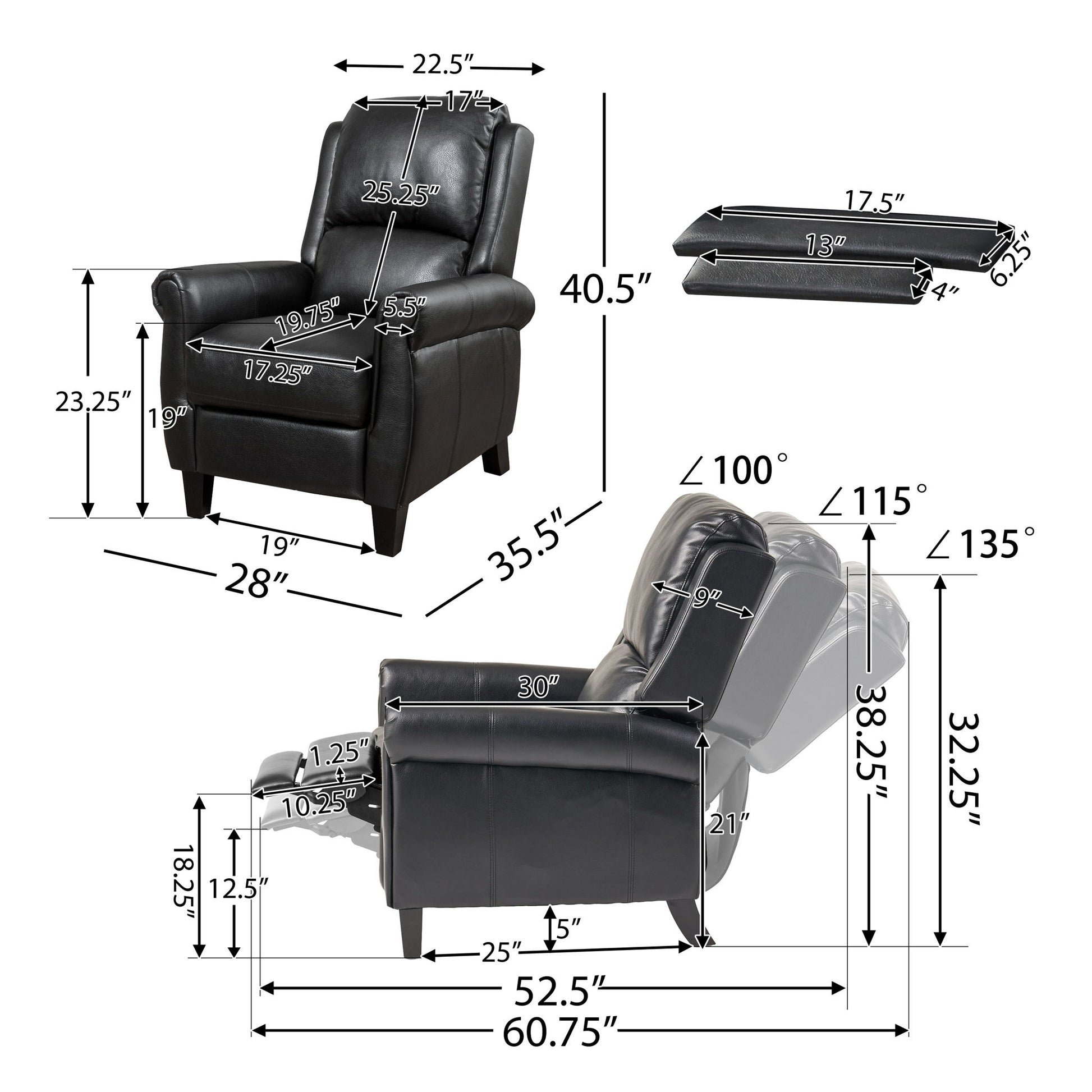 Contemporary Push Back Recliner Chair in black, featuring detailed inch measurements for seat, back, armrests, height, and recline angles with labeled dimensions and illustrations of both upright and reclined positions.