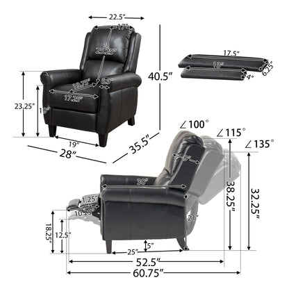 Contemporary Push Back Recliner Chair in black, featuring detailed inch measurements for seat, back, armrests, height, and recline angles with labeled dimensions and illustrations of both upright and reclined positions.