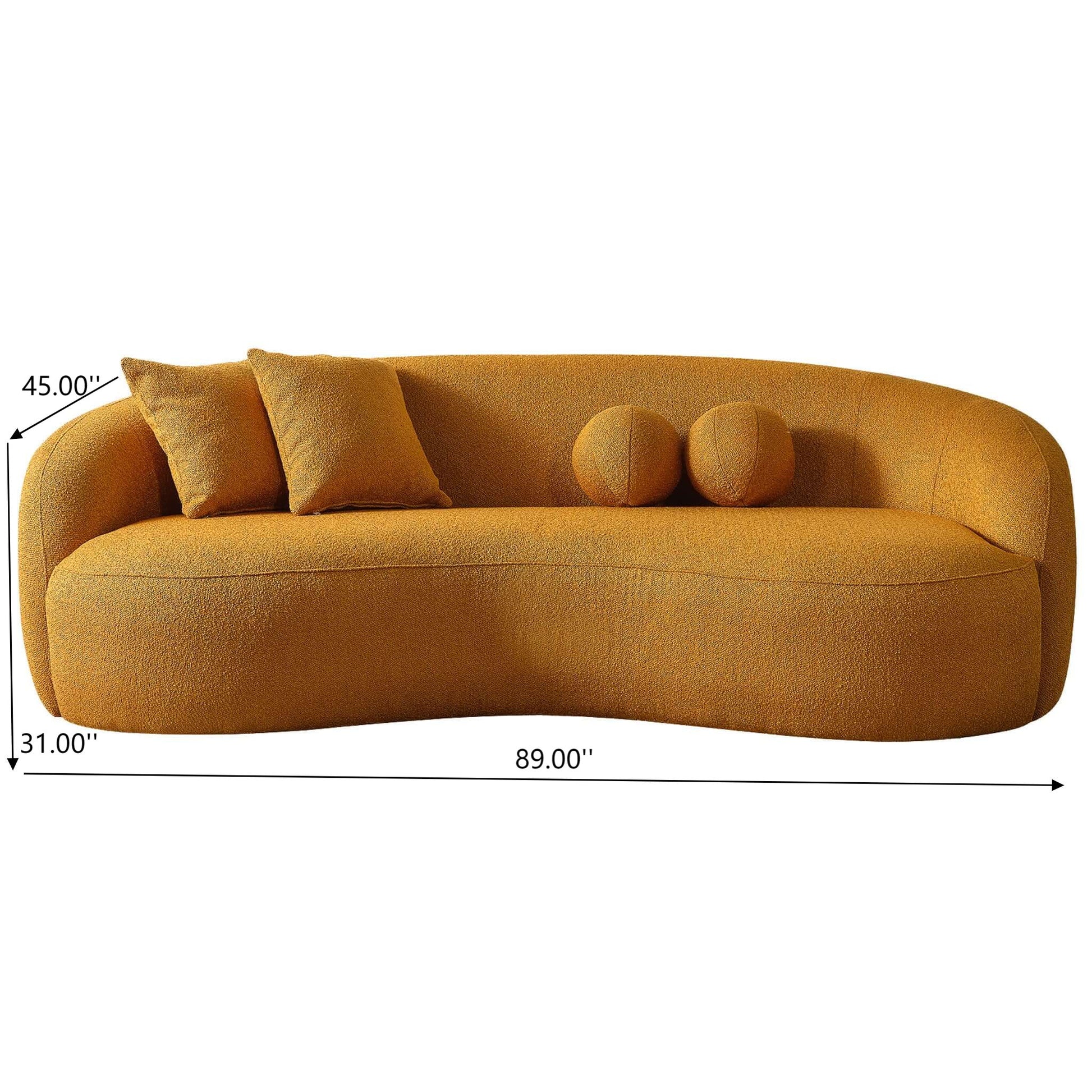 The Drake Japandi Style Curvy Boucle Sofa in mustard yellow features a plush texture, two rectangular and two round cushions, and measures 89"W x 31"D x 45"H, shown with black arrows and text.