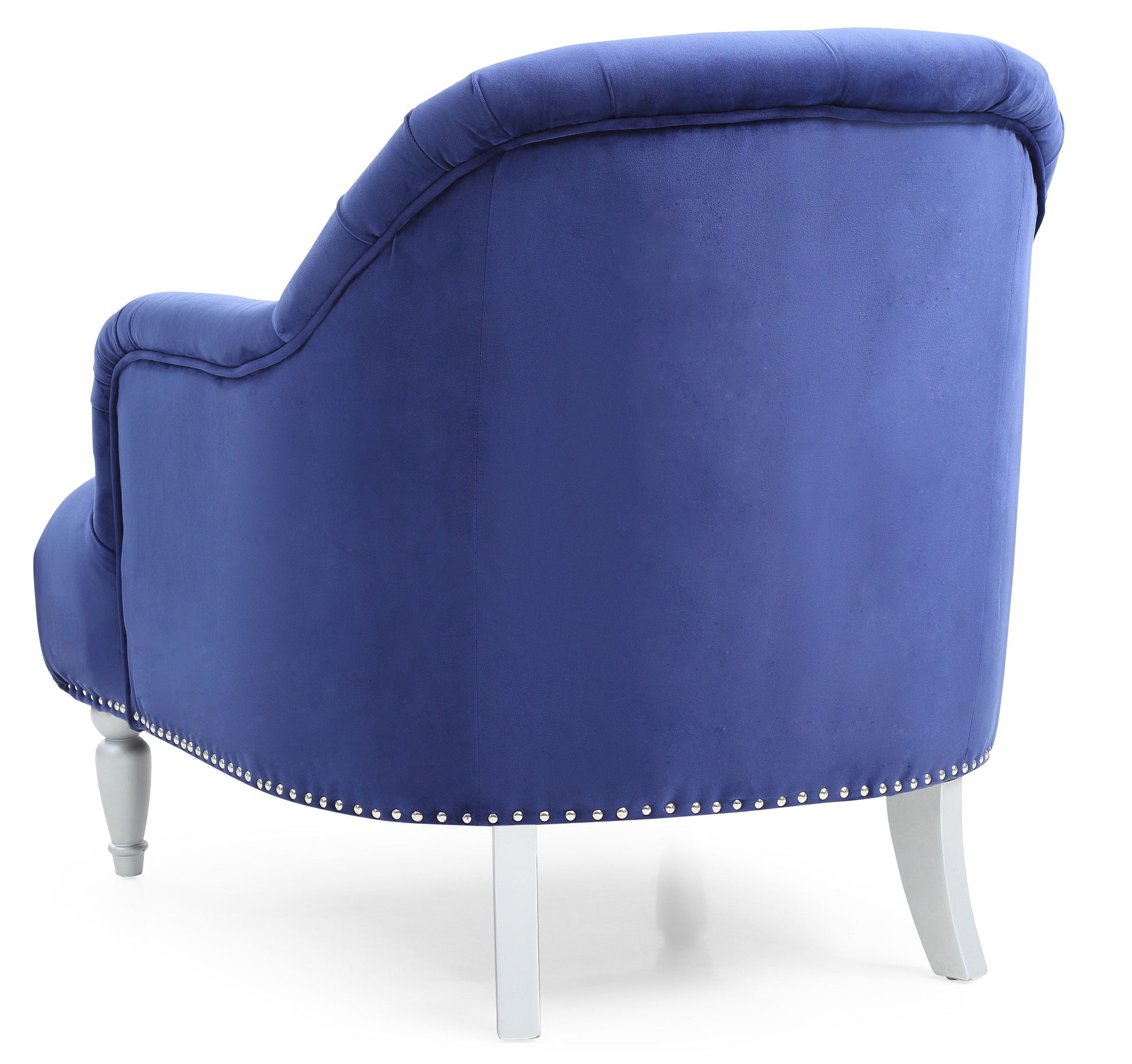 The Jewel Chair in blue features a plush design with a curved backrest, adorned with silver studs on the lower edge, and stands on four light-colored, tapered legs.