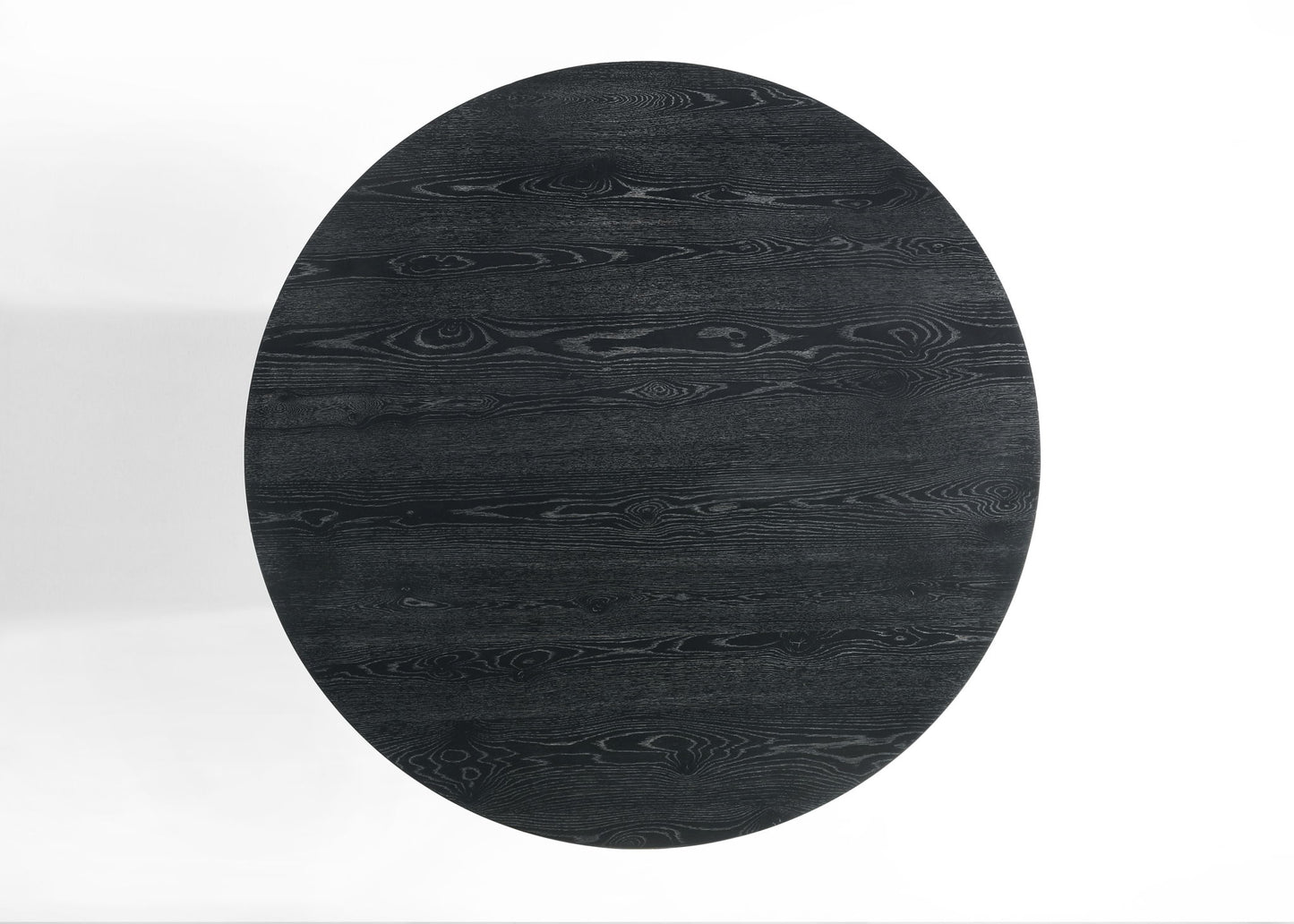 The Jasper Wide Contemporary Round Dining Table features a dark wood finish with visible grain patterns, viewed from above against a white background.