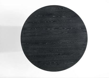 The Jasper Wide Contemporary Round Dining Table features a dark wood finish with visible grain patterns, viewed from above against a white background.