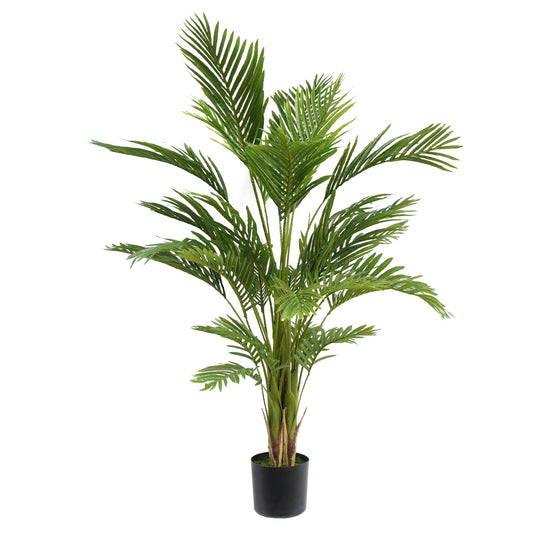An Artificial Palm Tree with multiple stems and long, arching green fronds in a pot, showcased against a plain white background.