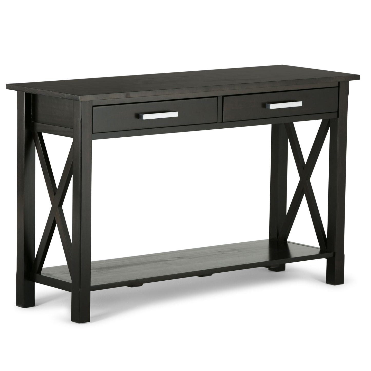 The Kitchener - Handcrafted Table features dark wood, two drawers with silver handles, X-shaped sides, and a lower shelf for extra storage.