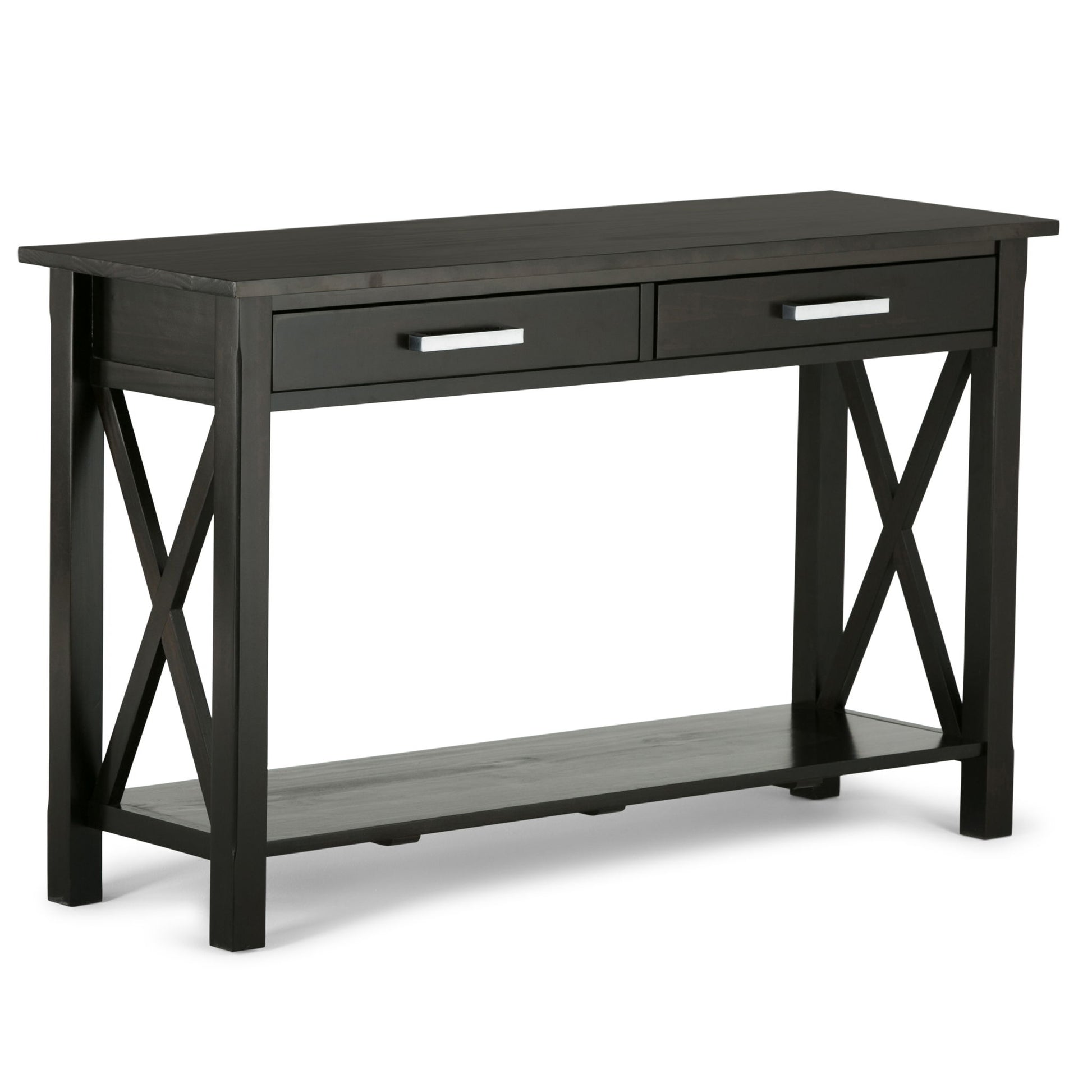 The Kitchener - Handcrafted Table features dark wood, two drawers with silver handles, X-shaped sides, and a lower shelf for extra storage.