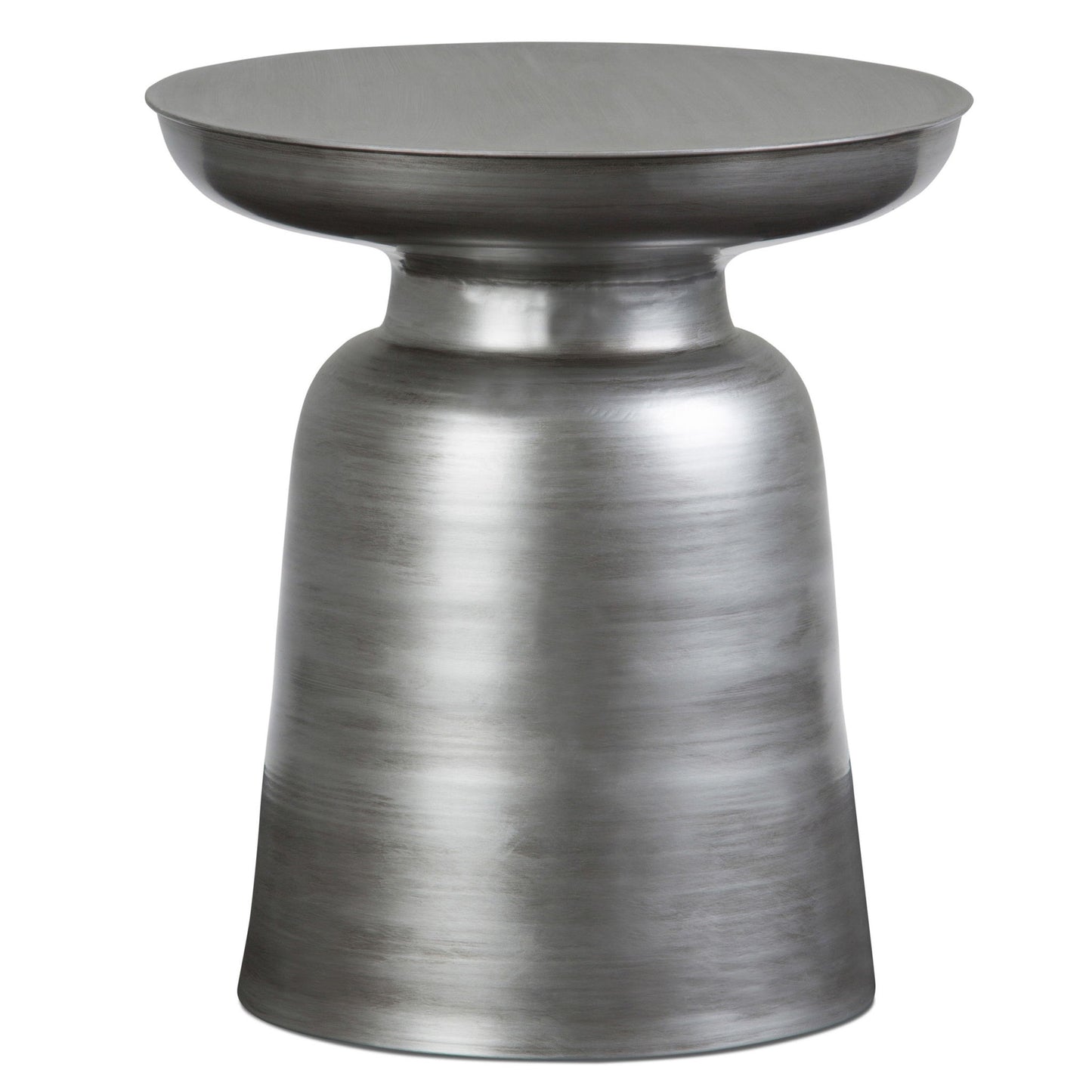 The Toby Handcrafted Metal Accent Table features a modern, round design with a brushed silver finish and sculpted pedestal base, highlighted by smooth, slightly curved lines.