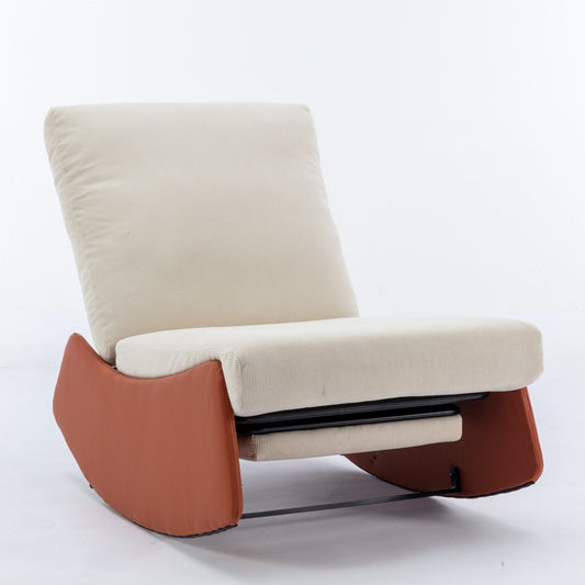 The Modern Rocking Chair Recliner features soft, off-white upholstery and curved reddish-brown wooden legs, complete with a footrest—perfect as a comfy rocker or accent lounge chair for the living room or bedroom.