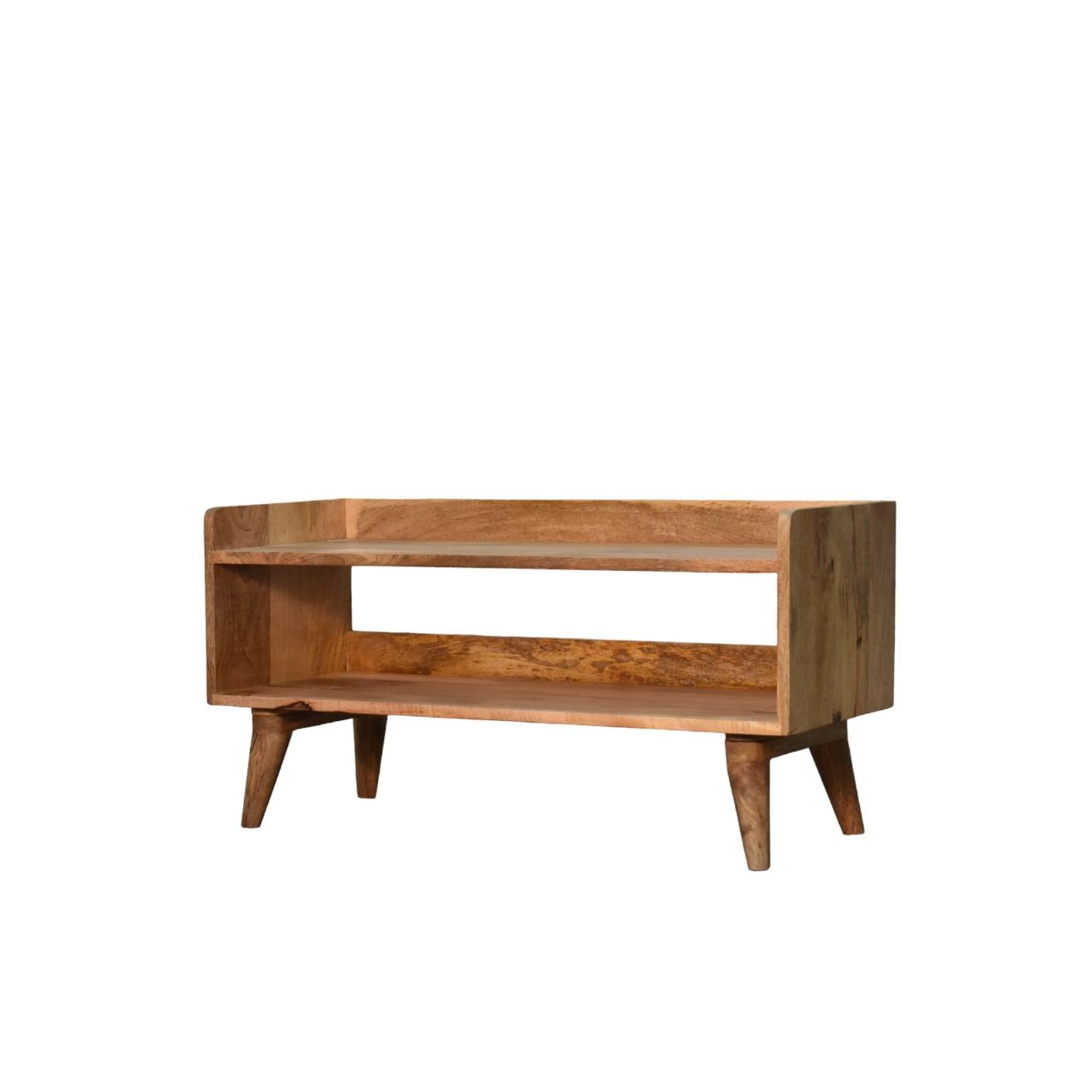 The Nordic Storage Bench features a minimalist design with angled legs, a rectangular open shelf, and a natural wood finish.