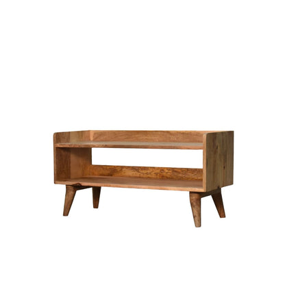 The Nordic Storage Bench features a minimalist design with angled legs, a rectangular open shelf, and a natural wood finish.