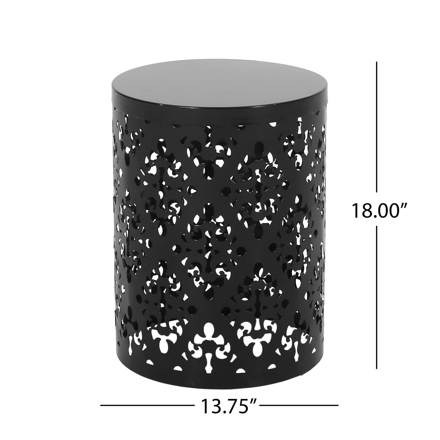 The Outdoor Metal Modern Design End Table is black, cylindrical, and metal, measuring 18" high by 13.75" in diameter. It features a solid top and sides with intricate geometric and floral cut-out patterns for decorative appeal.