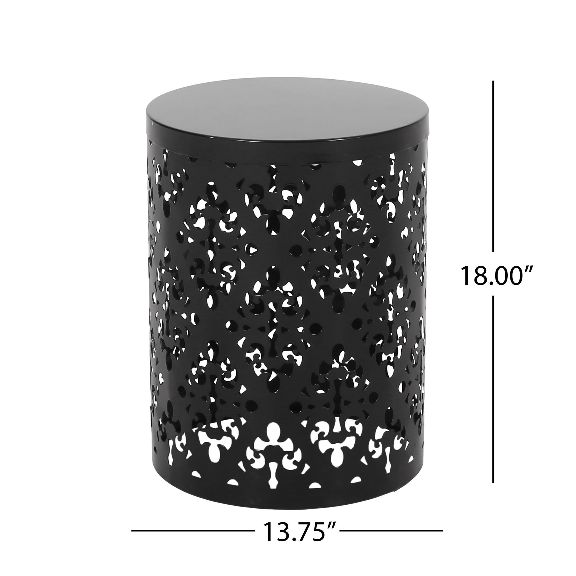 The Outdoor Metal Modern Design End Table is black, cylindrical, and metal, measuring 18" high by 13.75" in diameter. It features a solid top and sides with intricate geometric and floral cut-out patterns for decorative appeal.