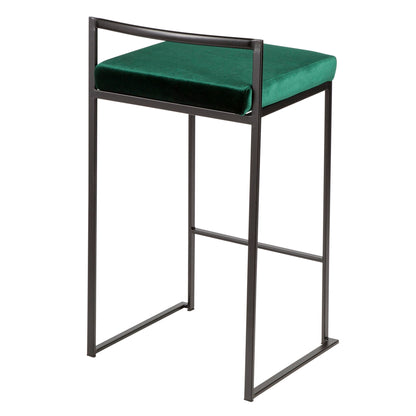 The Fuji - Contemporary Style Stackable Counter Stool features a slim black metal frame, rectangular green velvet cushion seat, open back, and minimalist modern design.