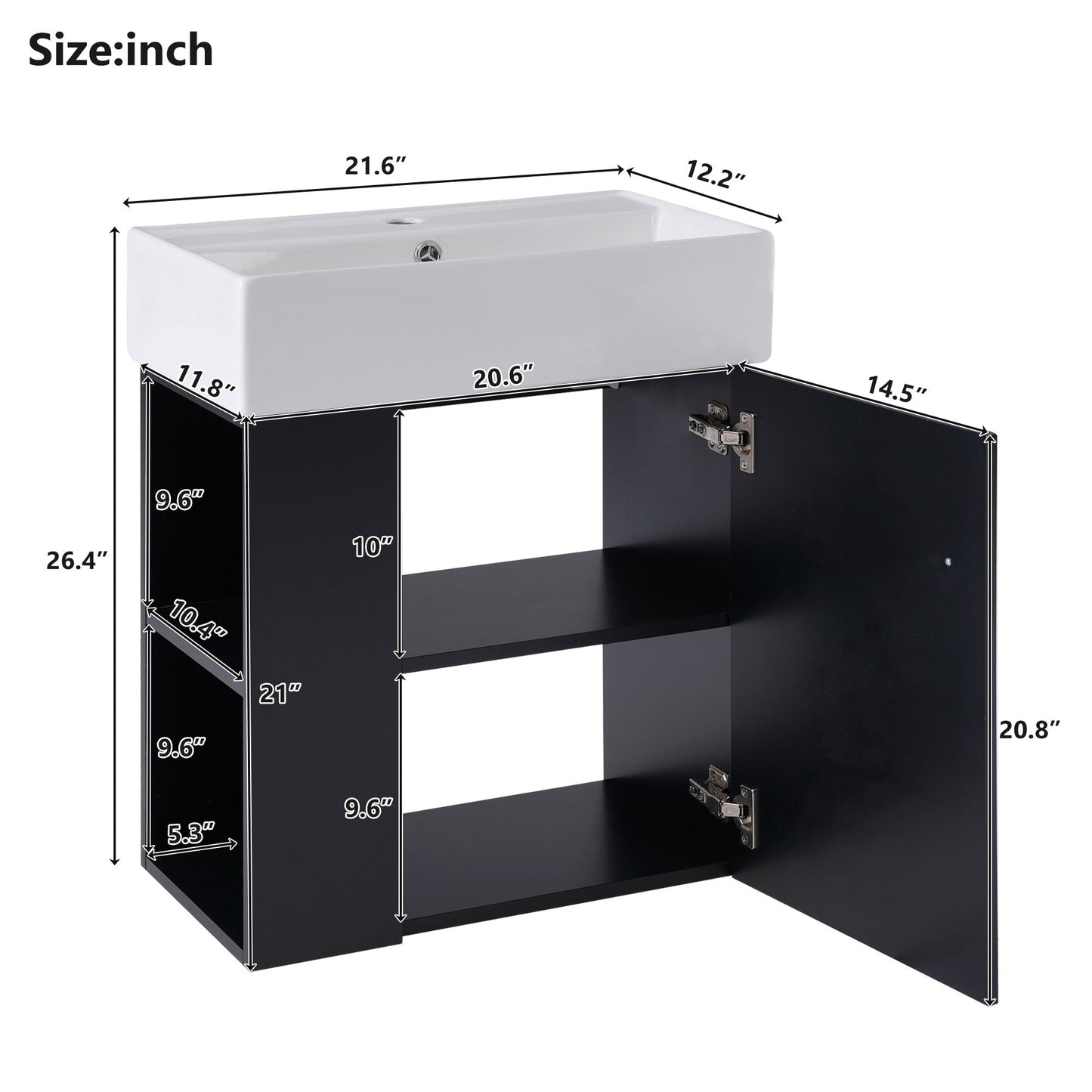 The Modern Floating Bathroom Vanity With Ceramic Basin, ideal for small bathrooms, features a rectangular white sink on a black cabinet (26.4"H x 21.6"W x 12.2"D), with one door open to reveal two shelves and dimension markings in inches.