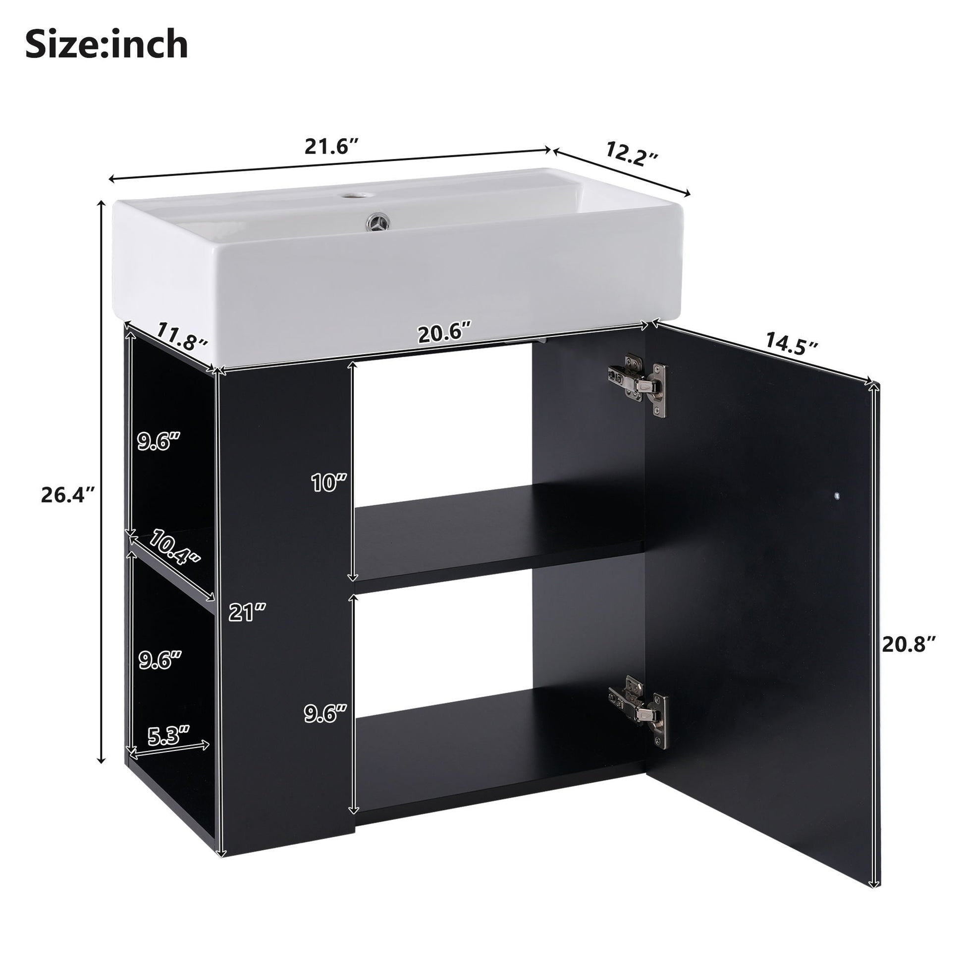 The Modern Floating Bathroom Vanity With Ceramic Basin, ideal for small bathrooms, features a rectangular white sink on a black cabinet (26.4"H x 21.6"W x 12.2"D), with one door open to reveal two shelves and dimension markings in inches.