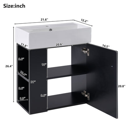 The Modern Floating Bathroom Vanity With Ceramic Basin, ideal for small bathrooms, features a rectangular white sink on a black cabinet (26.4"H x 21.6"W x 12.2"D), with one door open to reveal two shelves and dimension markings in inches.