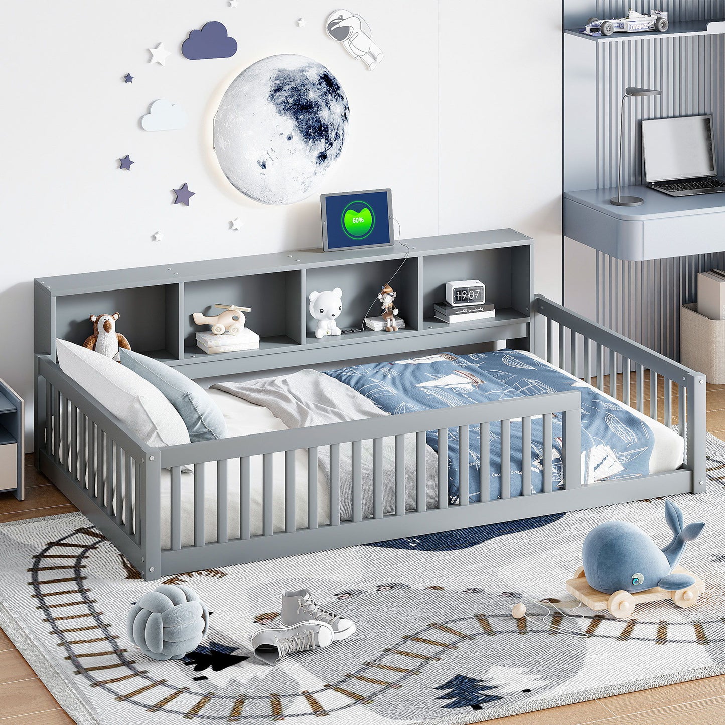 Twin Long Floor Bed With Storage Cabinets And USB Ports - Gray