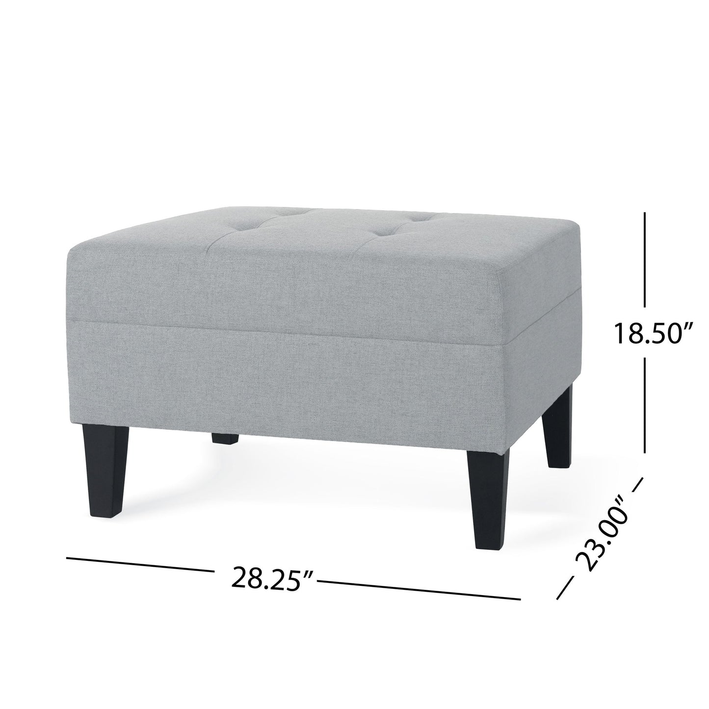 Classic Ottoman With Birch Wood Legs And Fabric Upholstery in light gray features a tufted top, black birch wood legs, and measures 28.25"W x 23"D x 18.5"H.