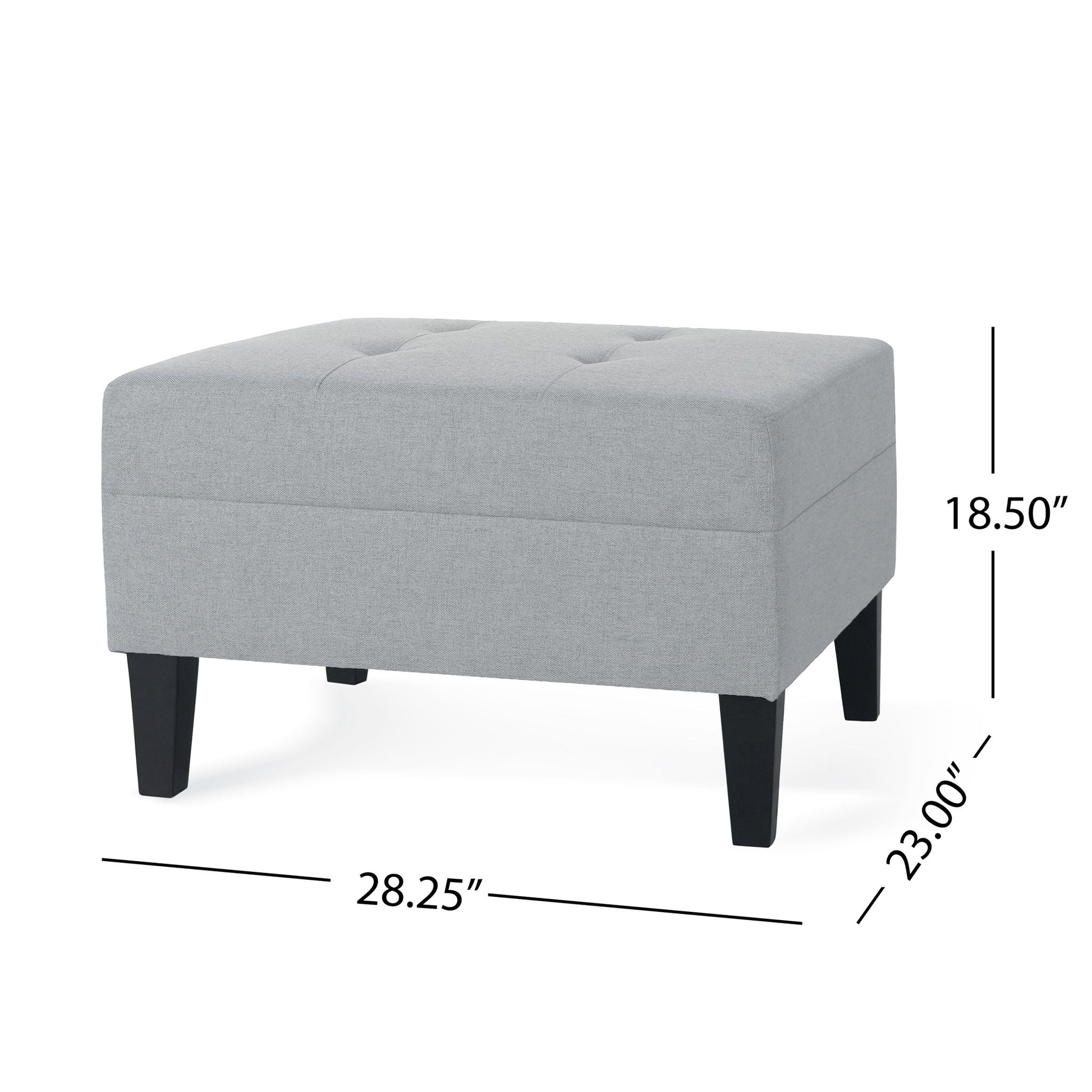 Classic Ottoman With Birch Wood Legs And Fabric Upholstery in light gray features a tufted top, black birch wood legs, and measures 28.25"W x 23"D x 18.5"H.