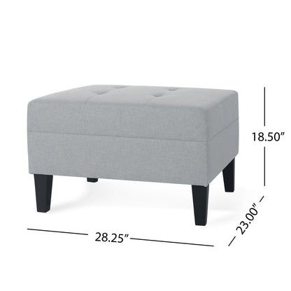 Classic Ottoman With Birch Wood Legs And Fabric Upholstery in light gray features a tufted top, black birch wood legs, and measures 28.25"W x 23"D x 18.5"H.