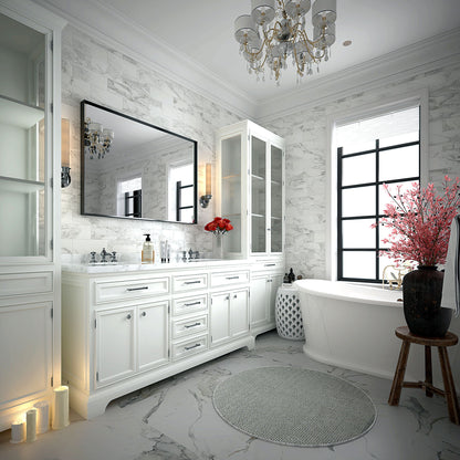 Elegant bathroom with white cabinets, marble floors, chandelier, candles, red flowers in vases, and a Rectangular Bathroom Mirror Square Angle Metal Frame Wall Mounted over the sink. Natural light streams in through a black-framed window.