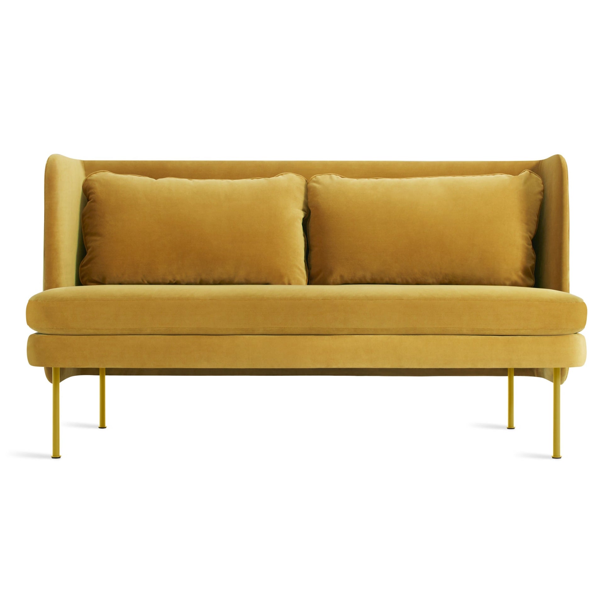 The Bloke 60" Sofa with Arms in ochre velvet features a modern minimalist design, two large matching cushions, and slim metal legs, shown against a white background.
