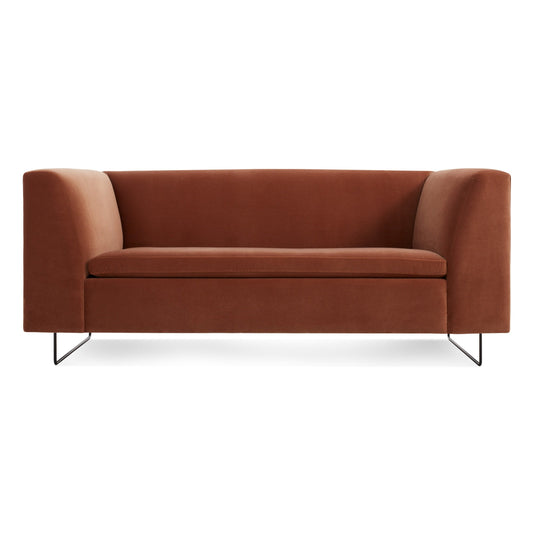 Bonnie 72" Sofa in copper velvet features boxy arms, a straight backrest, and slim black metal legs, shown on a white background.