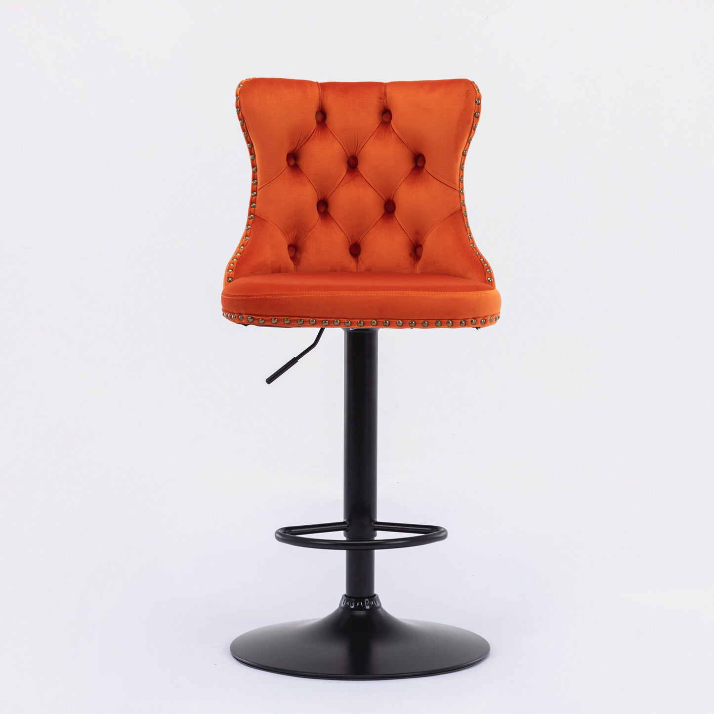 A set of 2 modern orange tufted velvet swivel barstools with backs, featuring gold stud accents, black adjustable pedestal bases, and circular footrests, perfect for home pubs or kitchen islands.