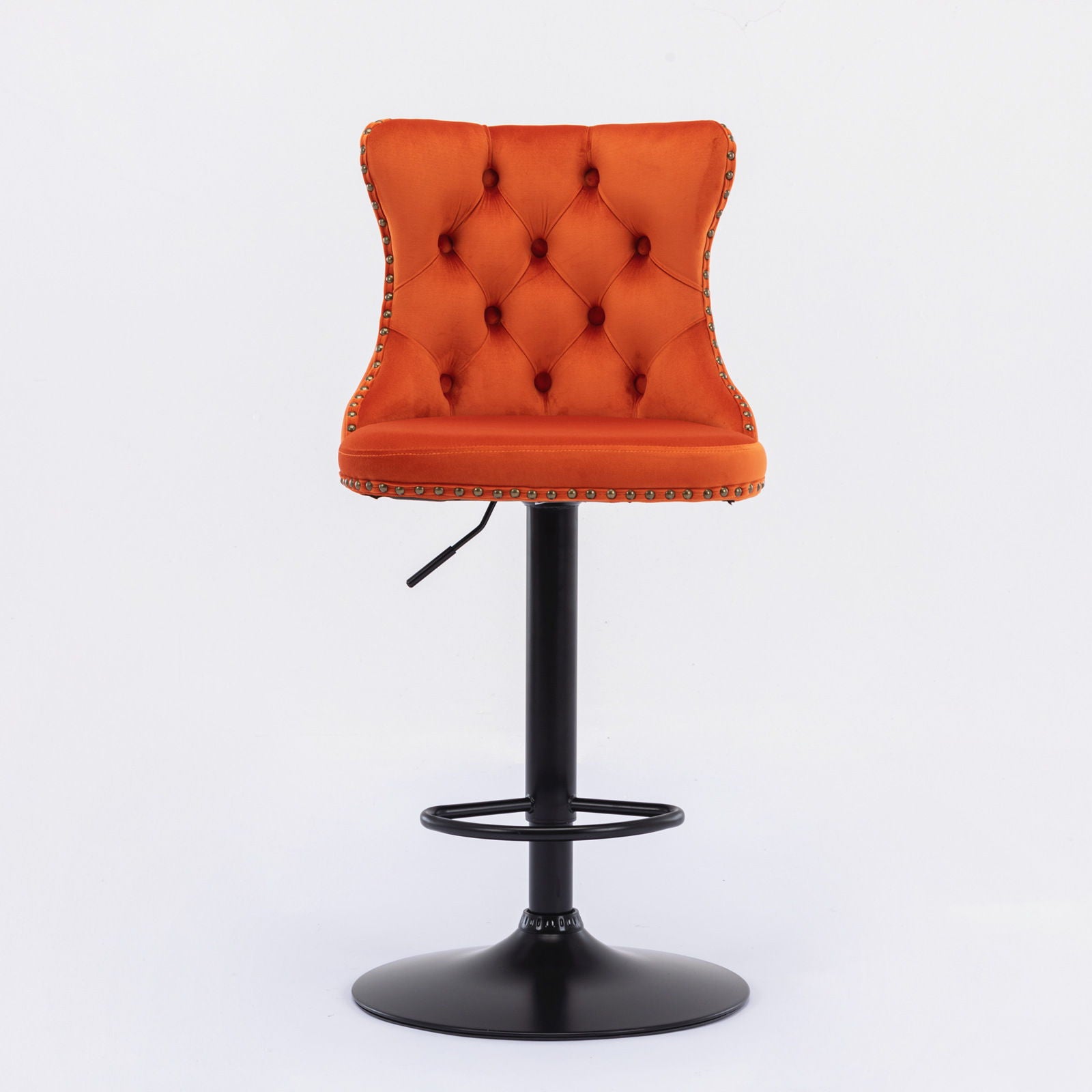 A set of 2 modern orange tufted velvet swivel barstools with backs, featuring gold stud accents, black adjustable pedestal bases, and circular footrests, perfect for home pubs or kitchen islands.