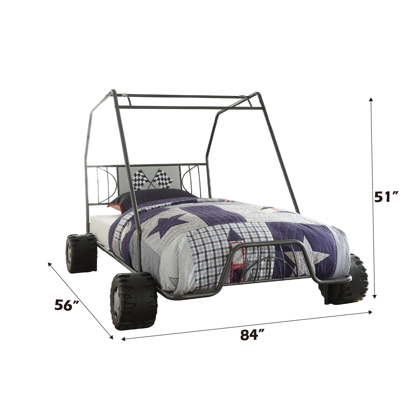 The Xander Twin Go Kart Bed in gunmetal features an off-road vehicle design with large black tires, a metal frame, and checkered flag bedding. Dimensions: 56" W x 84" L x 51" H.