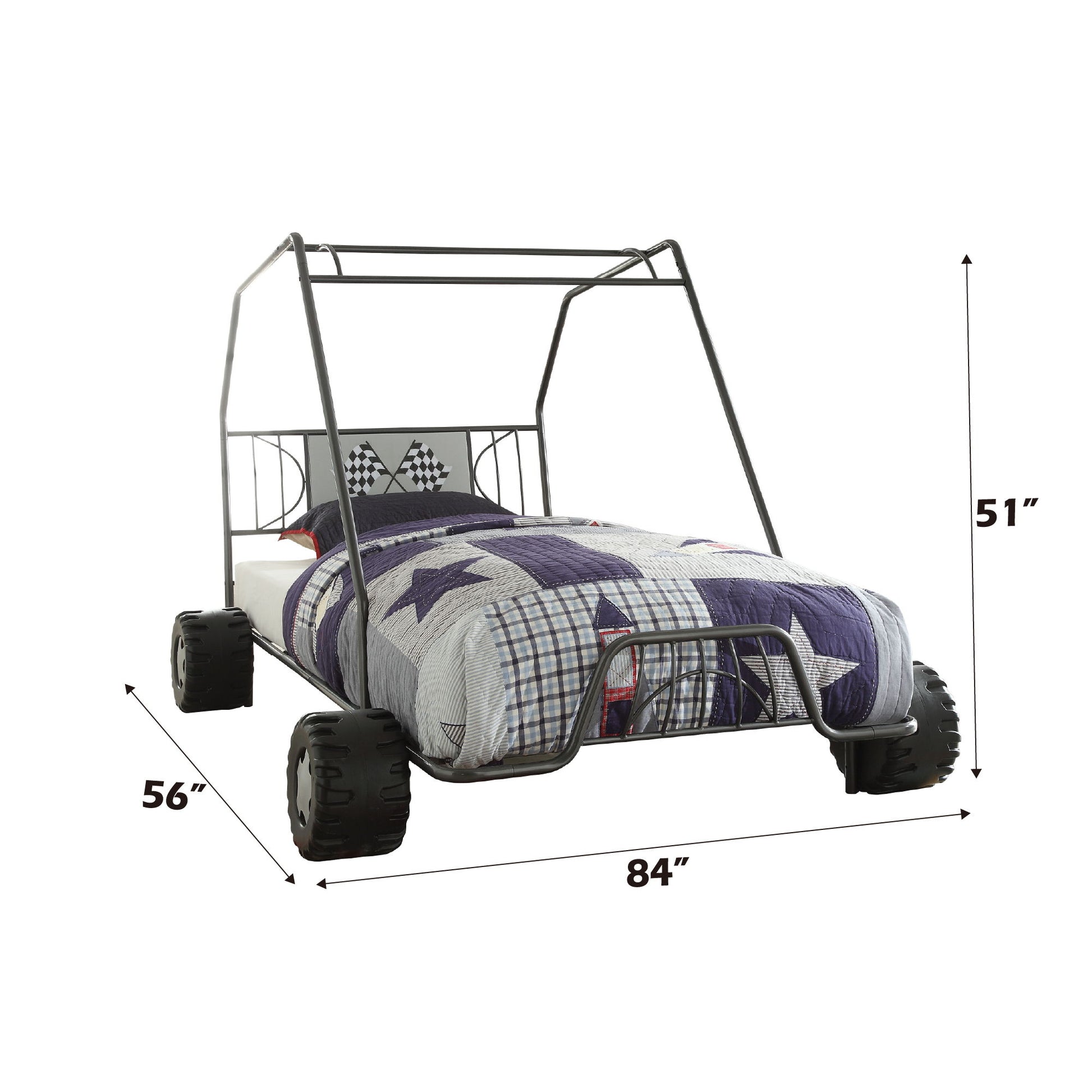 The Xander Twin Go Kart Bed in gunmetal features an off-road vehicle design with large black tires, a metal frame, and checkered flag bedding. Dimensions: 56" W x 84" L x 51" H.