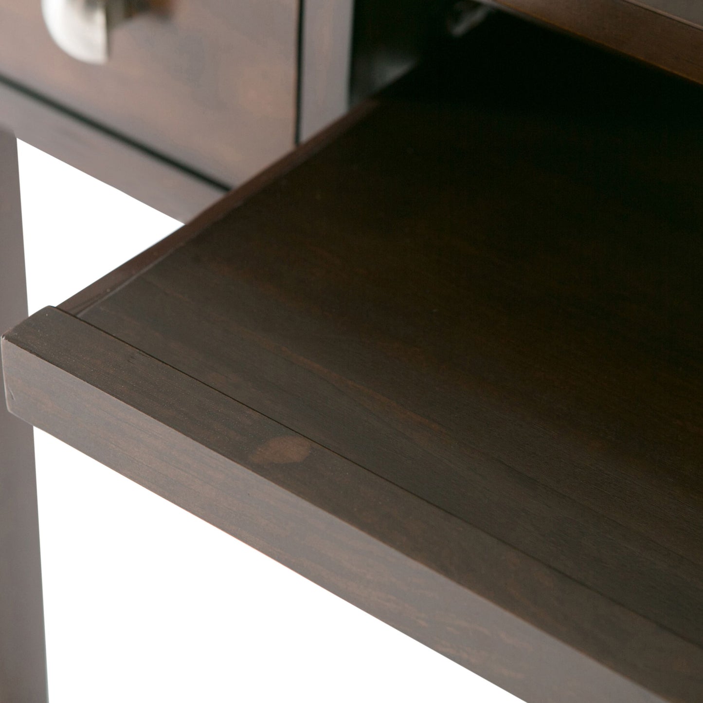 Close-up of the Avalon - Handcrafted Writing Office Desk, featuring a dark wood finish, extended pull-out keyboard tray, upper drawer section, and metal handle on the left. White background.