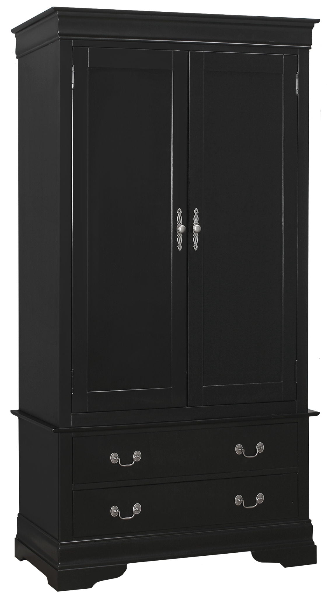 The Elegant Traditional Armoire is a black wooden piece with two doors adorned with silver handles, plus two spacious bottom drawers, all set on a slightly raised base.
